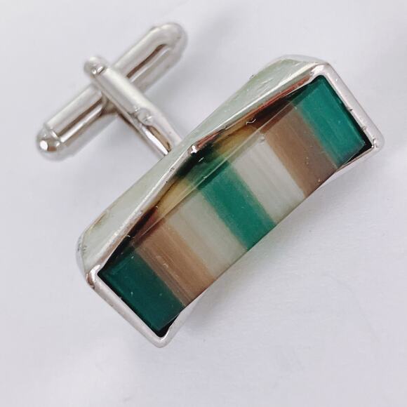 Vintage 1970s Striped Glass Inlay Modernist Geometric Cufflinks Mens Mod Jewelry - Picture 6 of 12